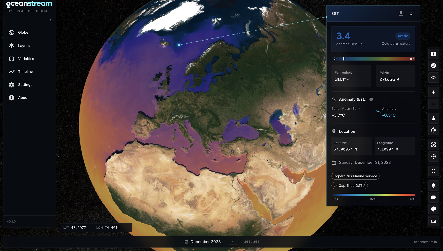 3D Globe with global SST layer